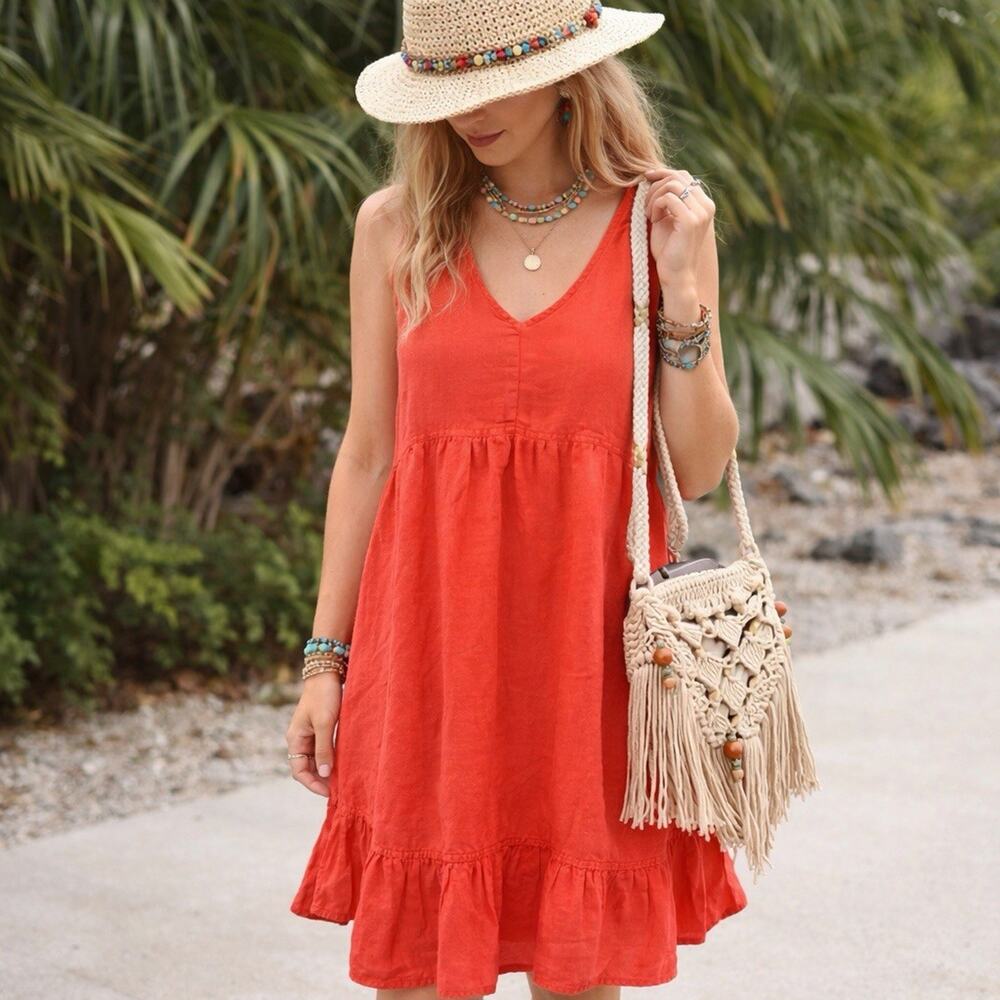 CYNTHIA‎ ROWLEY 100% Linen Dress Womens Coral Small Resort Coastal Grandma Boho
